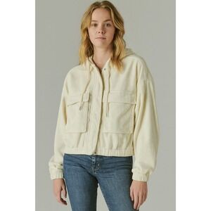 Forever 21 L Corduroy Zip Hoodie Jacket White Cropped Streetwear Cargo Pocket